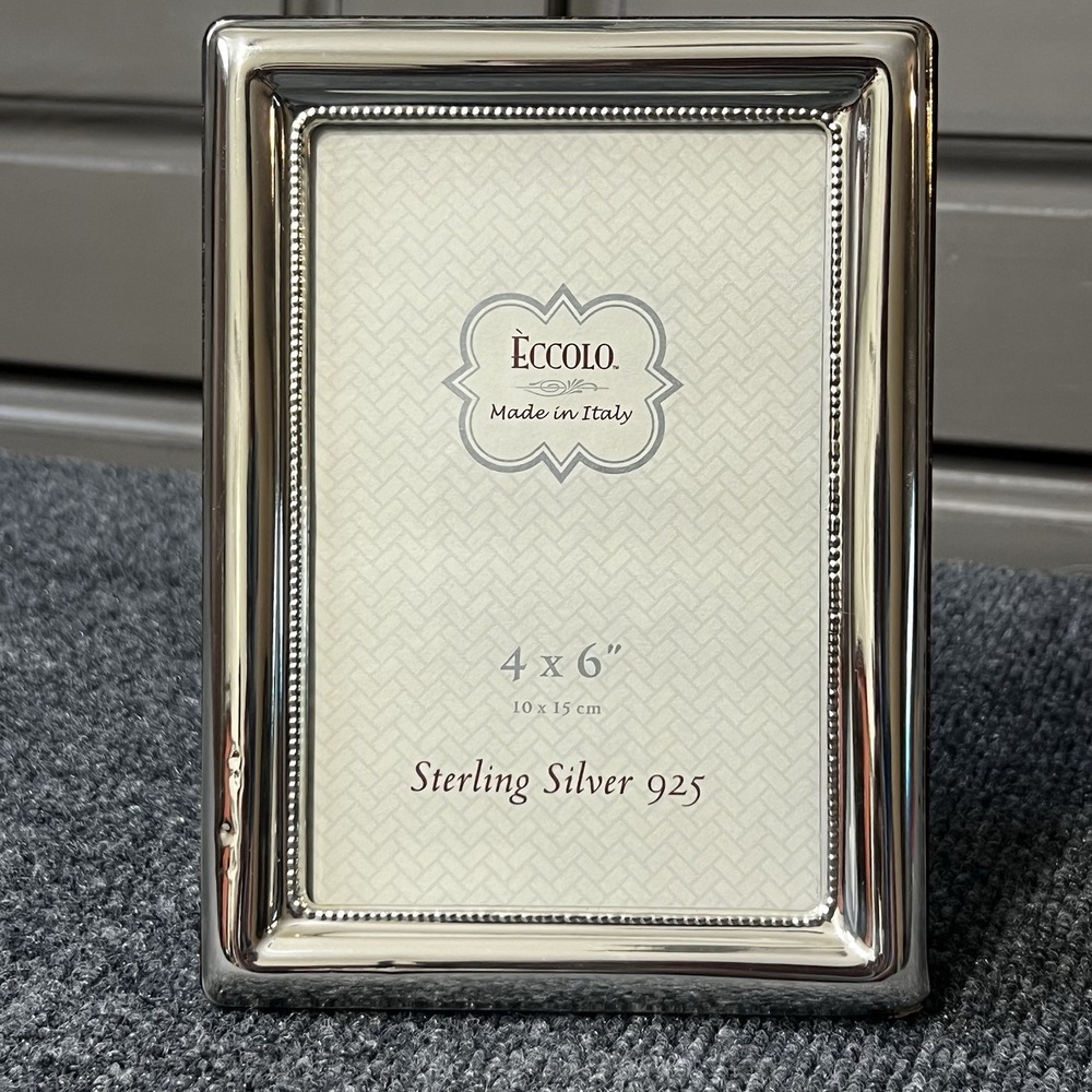 ECCOLO 925 Sterling Silver Picture Frame 4x6 Wood Back Desktop Easel Italy READ